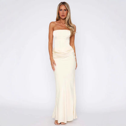 Wrapped Chest Lace-up Fishbone Slim Sheath Satin Long Dress